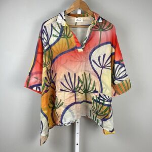 NIU Bold Bright Oversized Boxy Tunic Top Womens Large Artsy‎ Lagenlook Cotton